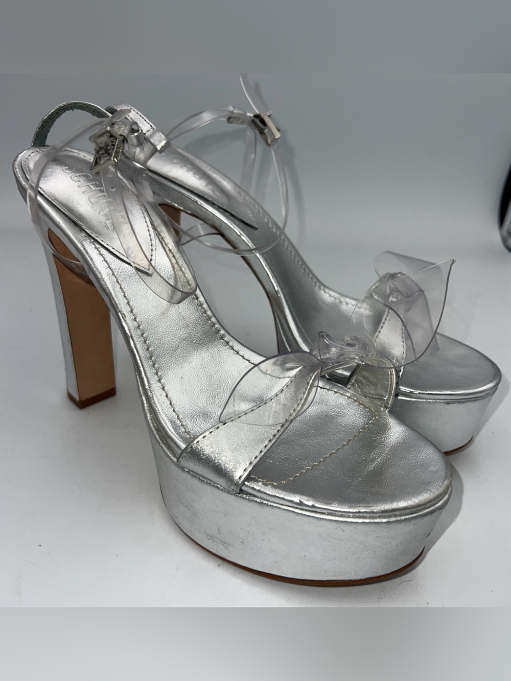 Schutz Elyda Leather Metallic Clear Silver Platform High Heel Strappy 8.5B New